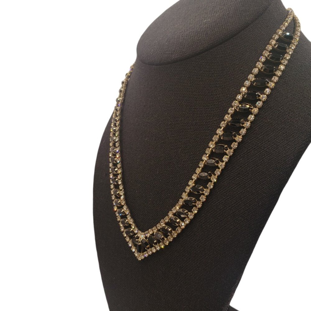 Vintage 1950's Clear Rhinestone & Black Onyx V Shaped Necklace - Picture 5 of 11